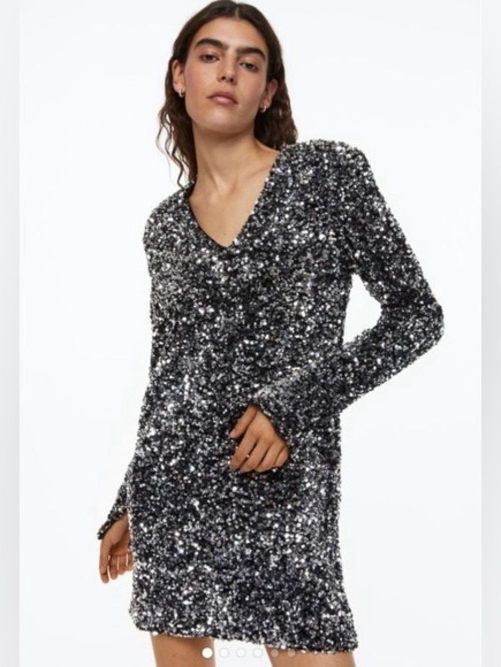 H&M Black & Silver Sequin V-Neck Long Sleeve Bodycon Dress Sz S Party Holiday